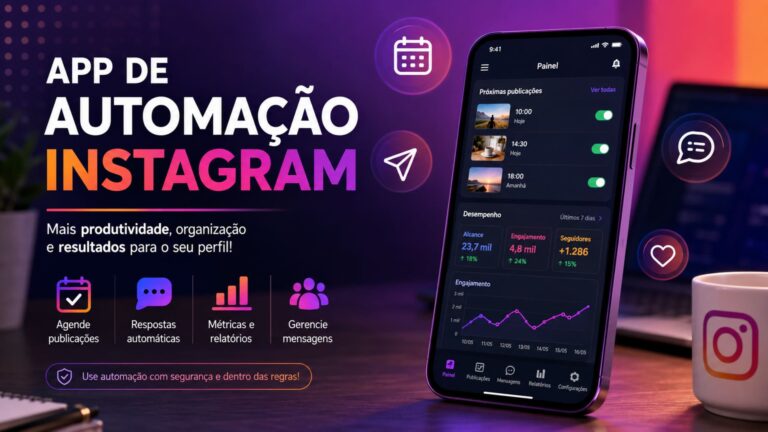 Tela de um app de automação para Instagram mostrando agendamento de publicações e métricas de desempenho.